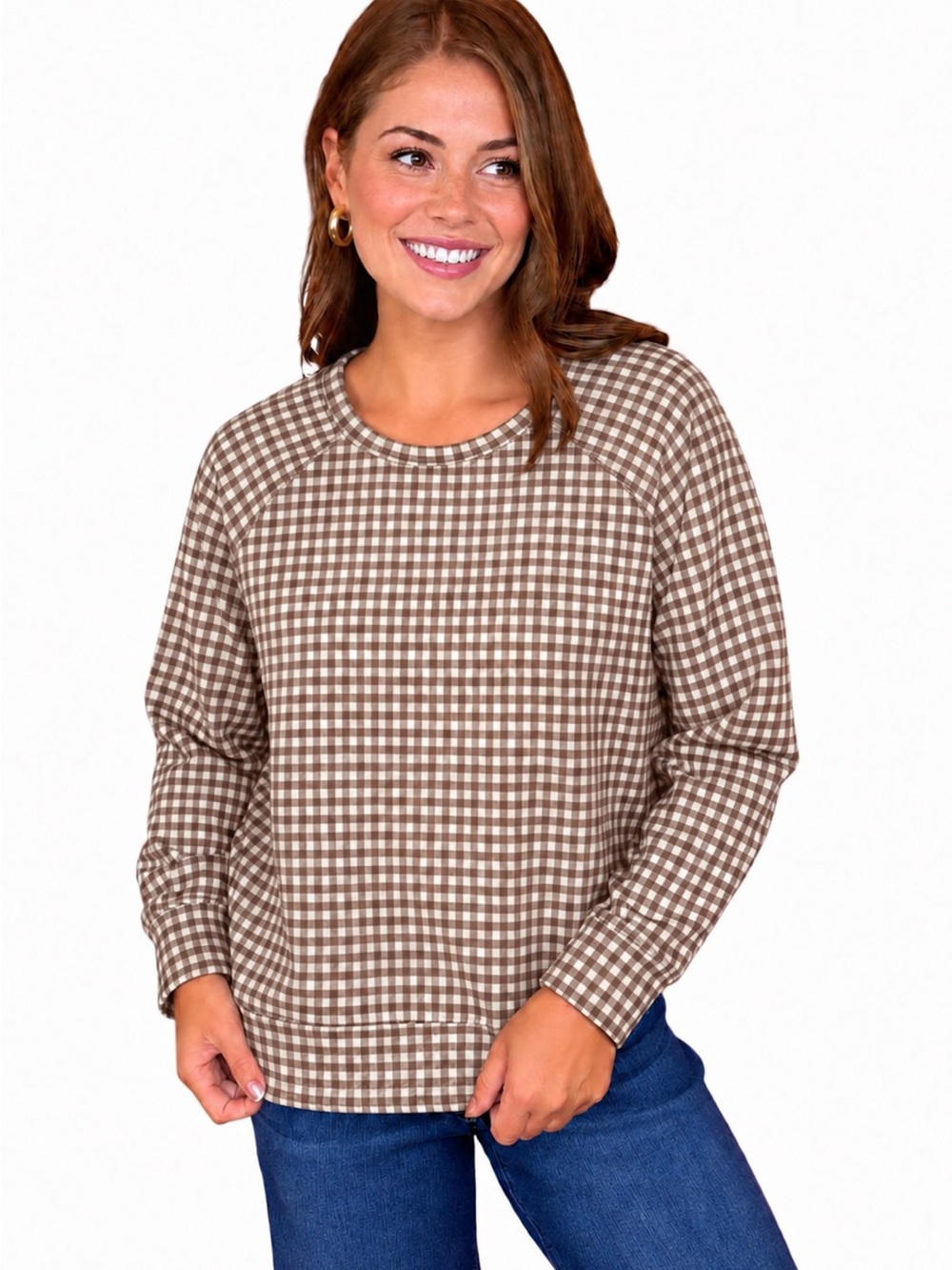 New Umgee Brown & White Gingham Relaxed Fit Farmhouse Style Pullover Sweatshirt